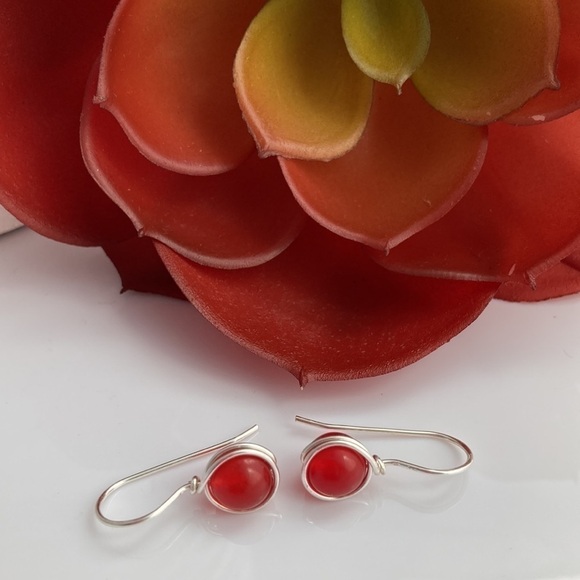 Red Jade & Silver Wire Wrapped Minimalist Earrings - Picture 12 of 12